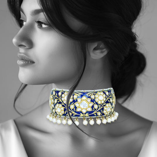 Choker with Blue Enamel, Polki Florals, and Pearl Border